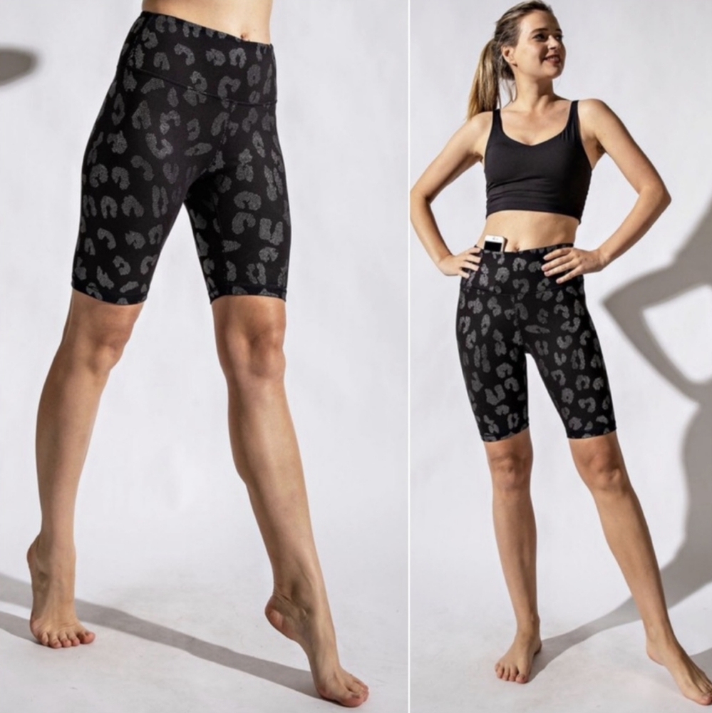 LAST Pair! Black High Waisted Bike Shorts w/Beautiful Shiny Silver Leopard Print